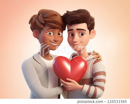 AI-generated content. 3D rendered image of two male characters holding a red heart together, an inclusive visual for LGBT themes, suitable for content promoting diversity, love equality, and pride AI-generated content. 3D rendered image of two male characters holding a red heart together, an inclusive visual for LGBT themes, suitable for content promoting diversity, love equality, and pride 110531565