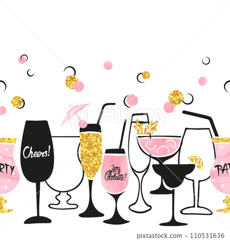 Cocktail party invitation or wine menu design. Vector border with cocktail glasses Cocktail party invitation or wine menu design. Vector border with cocktail glasses 110531636