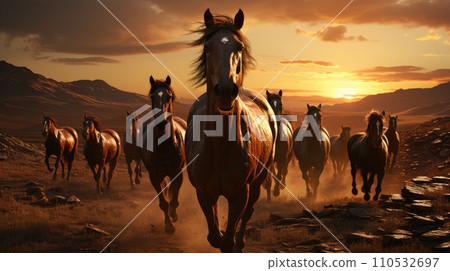 A herd of wild horses rides across the steppe. Generative AI 110532697