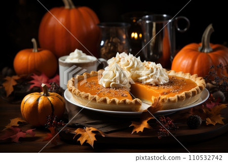 Pumpkin pie on a table. Generative AI 110532742