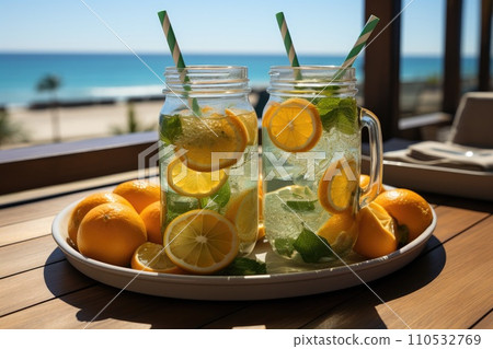 Detox infused water with lime, oranges, mint with sea coast view. Generative AI 110532769