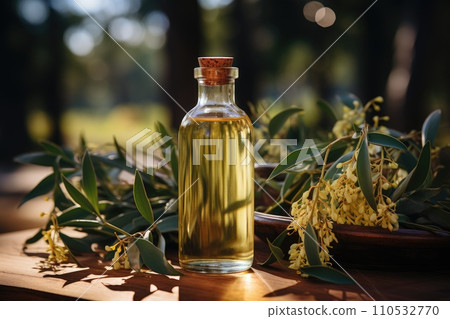 Bottle of cosmetic oil with eucalyptus branches. Generative AI 110532770