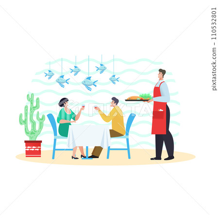 Couple dining in seafood restaurant with waiter serving. Woman in green dress cheers with man in yellow shirt, fishes decoration. Modern dining experience vector illustration 110532801