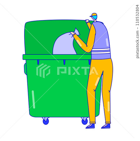 Man in casual clothing recycles paper, throwing it in green bin. Eco-friendly behavior, recycling waste. Sustainable living, environmental conservation vector illustration Man in casual clothing recycles paper, throwing it in green bin. Eco-friendly behavior, recycling waste. Sustainable living, environmental conservation vector illustration 110532804
