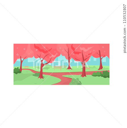 Cherry blossom trees in park with benches, cityscape in background. Spring season park landscape with blooming pink trees vector illustration Cherry blossom trees in park with benches, cityscape in background. Spring season park landscape with blooming pink trees vector illustration 110532807