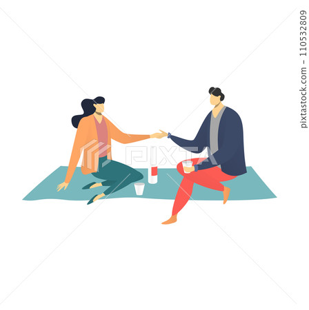 Young adult man and woman sitting on floor with coffee. Casual indoor meeting, sharing a drink. Friendship and relax time vector illustration 110532809
