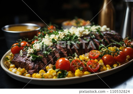 Flank steak served with corn. Generative AI 110532824