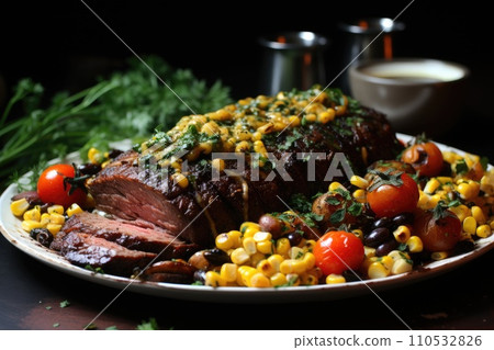 Flank steak served with corn. Generative AI 110532826