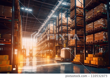 Huge distribution warehouse with high shelves and loaders. Generative AI 110532873