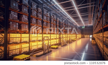 Huge distribution warehouse with high shelves and loaders. Generative AI 110532876