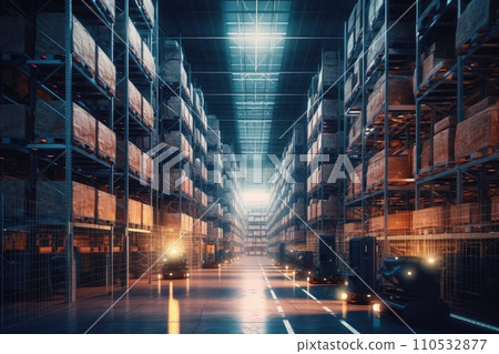 Huge distribution warehouse with high shelves and loaders. Generative AI 110532877
