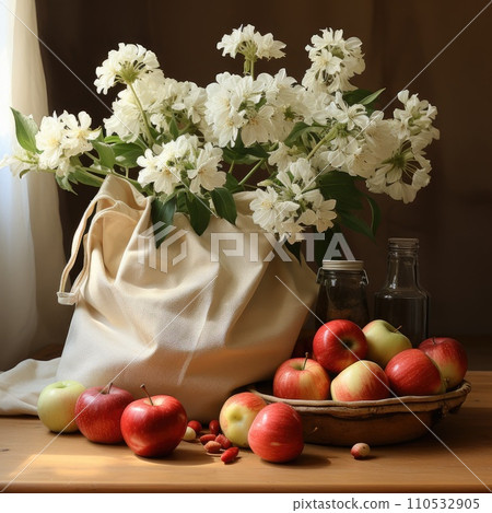 Apples and cotton bag. Eco friendly packaging, zero waste. No plastic concept. Generative AI 110532905
