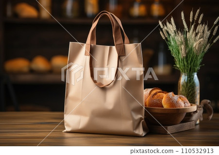 Eco bag with products fresh bread. Zero waste use less plastic concept. Generative AI 110532913