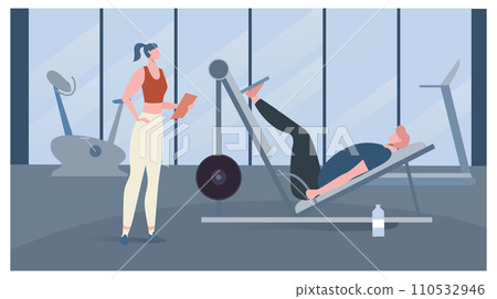 Female personal trainer coaching woman on leg press machine in modern gym. Fitness instructor with clipboard training client. Personal training and gym workout vector illustration 110532946
