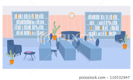 Modern library interior with bookshelves and furniture. Cozy reading area with sofa, armchairs and plants vector illustration 110532947