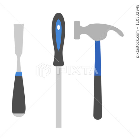 Set of three hand tools including a putty knife, screwdriver, and hammer. Flat style icons for DIY or construction. Work tools and repair equipment vector illustration 110532948
