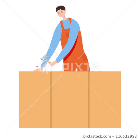 Young male carpenter hammering a nail into wooden board. Worker in overalls doing carpentry work. Handyman and DIY home improvement vector illustration 110532958