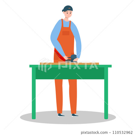 Carpenter using electric sander on workbench. Male worker with cap sanding wood in workshop. Crafting, woodworking, and manual labor vector illustration Carpenter using electric sander on workbench. Male worker with cap sanding wood in workshop. Crafting, woodworking, and manual labor vector illustration 110532962