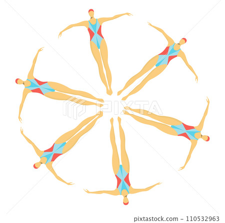 Six female synchronized swimmers in artistic formation. Athletic women performing water ballet. Synchronized swimming team performing routine vector illustration 110532963