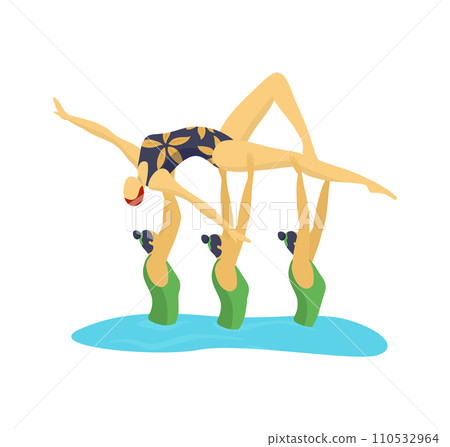 Acrobatic gymnasts performing balance routine, two women holding another upside down. Artistic gymnastics, teamwork, and performance vector illustration 110532964
