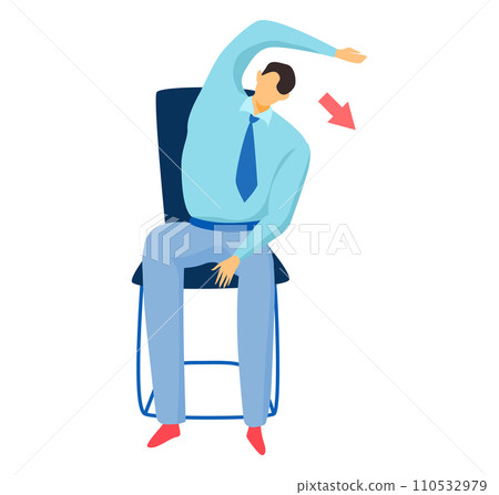 Cartoon man in blue shirt stretching arm, exercising at office. Office worker doing a simple stretch to relax while sitting. Workplace wellness vector illustration Cartoon man in blue shirt stretching arm, exercising at office. Office worker doing a simple stretch to relax while sitting. Workplace wellness vector illustration 110532979