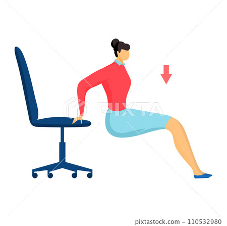 Woman doing office chair workout, leg dips exercise. Female in casual wear practicing indoor fitness. Office exercise routine, healthy lifestyle at work vector illustration Woman doing office chair workout, leg dips exercise. Female in casual wear practicing indoor fitness. Office exercise routine, healthy lifestyle at work vector illustration 110532980