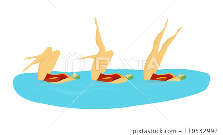 Three people in red swimsuits doing synchronized swimming. Upside down swimmers performing in water vector illustration 110532992