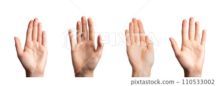 Hands, palms gesturing up, saying hi, greeting, hello, bye isolated on white Hands, palms gesturing up, saying hi, greeting, hello, bye isolated on white 110533002