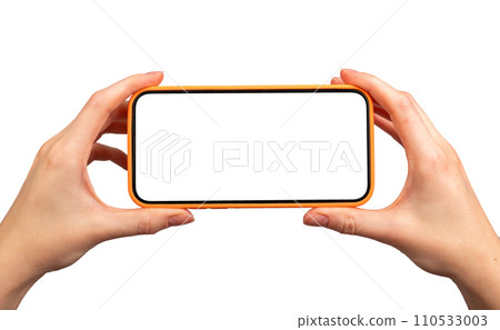 Horizontal screen in hands. Mobile smartphone mockup in hands isolated on white Horizontal screen in hands. Mobile smartphone mockup in hands isolated on white 110533003