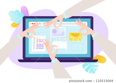Hands collaborating on a digital tablet interface design. Teamwork in digital marketing and website development. Creative web design process vector illustration Hands collaborating on a digital tablet interface design. Teamwork in digital marketing and website development. Creative web design process vector illustration 110533004