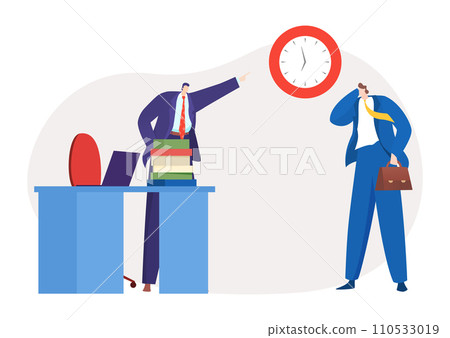 Businessman standing on books reaching for a clock, businesswoman holding head in stress. Time management and deadline vector illustration Businessman standing on books reaching for a clock, businesswoman holding head in stress. Time management and deadline vector illustration 110533019