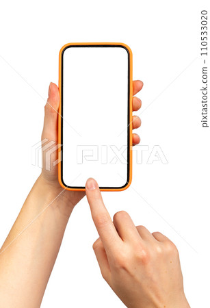 Mobile phone screen mockup, finger touching, tapping on smartphone isolated on white background Mobile phone screen mockup, finger touching, tapping on smartphone isolated on white background 110533020