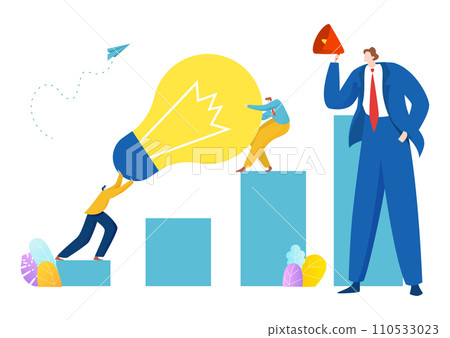 Businessman holding a red megaphone next to a giant light bulb, person pushing against the bulb. Idea, communication and teamwork concept vector illustration Businessman holding a red megaphone next to a giant light bulb, person pushing against the bulb. Idea, communication and teamwork concept vector illustration 110533023