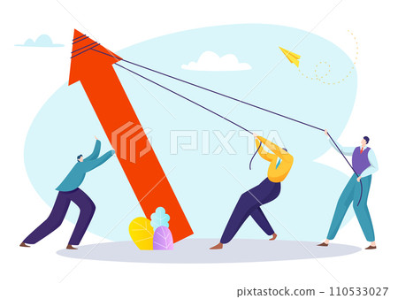 Three people are pulling and pushing a large arrow upwards. A figure takes flight with a paper plane, symbolizing new ideas or goals. Teamwork and success concept vector illustration 110533027