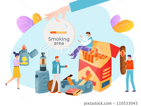 Group of adults in a stylized smoking area with cigarettes and vape devices. Cartoons about smoking addiction and health issues vector illustration 110533043