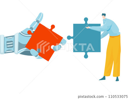 Robot arm and human hand connecting puzzle pieces. Collaboration between human and artificial intelligence. Teamwork of robot and man in problem-solving vector illustration 110533075