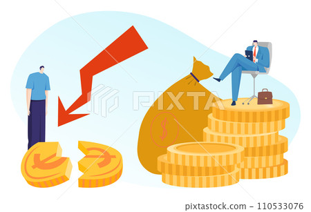 Businessman sitting on coin stack with laptop, downturn arrow points at worried man. Financial loss and economic downturn concept. Investment risk management vector illustration 110533076