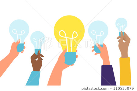 Diverse hands holding light bulbs, one glowing bright. Concept of creativity, innovation, and teamwork. Multicultural idea sharing vector illustration 110533079