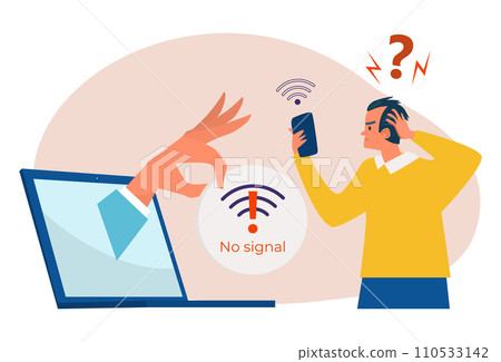 Man frustrated with no internet signal on phone, hand exiting laptop pointing at WiFi error. Digital connectivity issues, no internet concept vector illustration Man frustrated with no internet signal on phone, hand exiting laptop pointing at WiFi error. Digital connectivity issues, no internet concept vector illustration 110533142