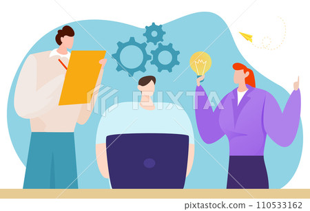 Creative team brainstorming with gears and lightbulb. Man with clipboard, woman with idea, colleague at computer. Innovation and strategy in business vector illustration 110533162