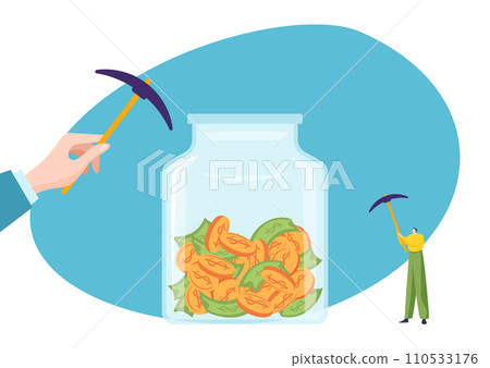 Tiny person with pickaxe trying to open giant money jar. Saving money concept. Earnings and investment vector illustration Tiny person with pickaxe trying to open giant money jar. Saving money concept. Earnings and investment vector illustration 110533176