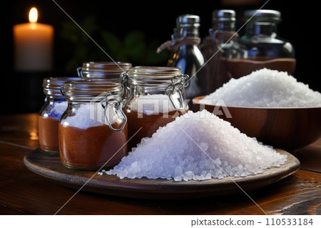 Salt in a bowl on a wooden table. Generative AI 110533184