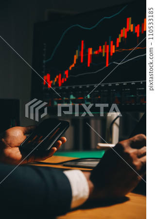 Thoughtful focused successful caucasian male stock investor, broker, financial adviser, sits at work desk, looks at computer, pensively analyze risks and prospects, rise or fall of cryptocurrency coin 110533185