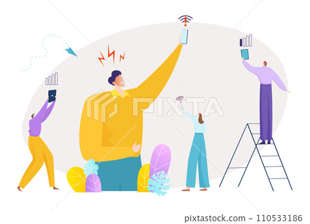 People trying to get better mobile signal. Characters holding phones up, one on ladder. Connectivity issues and signal search vector illustration 110533186