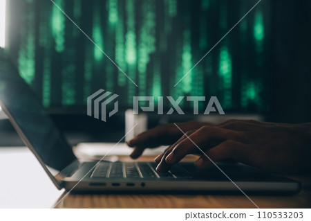 Hacker code in laptop. Cyber security, privacy or hack threat. Coder or programmer writing virus software, malware, internet attack or developing digital design. Green web data in computer screen. 110533203