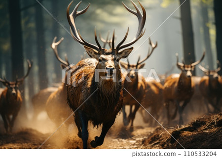 Shot of a large herd of deer running. Generative AI Shot of a large herd of deer running. Generative AI 110533204