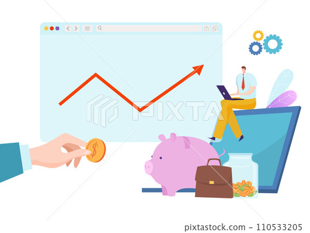 Man sitting on a smartphone screen working on laptop, growth chart and piggy bank. Financial planning and online investment vector illustration 110533205