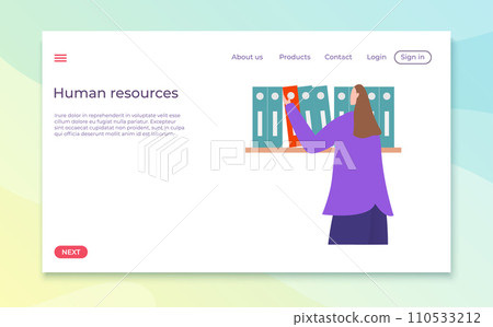 Female HR manager analyzing candidate profiles. Job recruitment and employee selection vector illustration Female HR manager analyzing candidate profiles. Job recruitment and employee selection vector illustration 110533212
