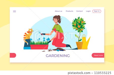 Young woman gardening with trowel, cat watching. Indoor planting activity, potted citrus tree and watering can. Horticulture hobby, indoor garden vector illustration Young woman gardening with trowel, cat watching. Indoor planting activity, potted citrus tree and watering can. Horticulture hobby, indoor garden vector illustration 110533225