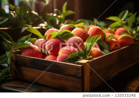 Ripe peaches in a wooden box. Generative AI 110533248